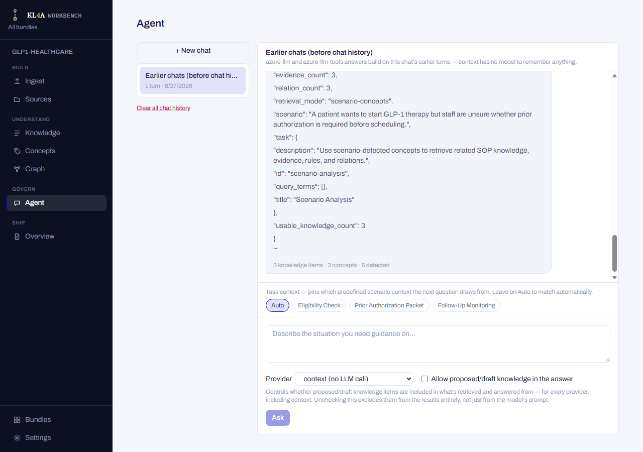 Agent screen: chat list and task-context pins on the left, the conversation and composer (provider dropdown, proposed-knowledge checkbox) on the right