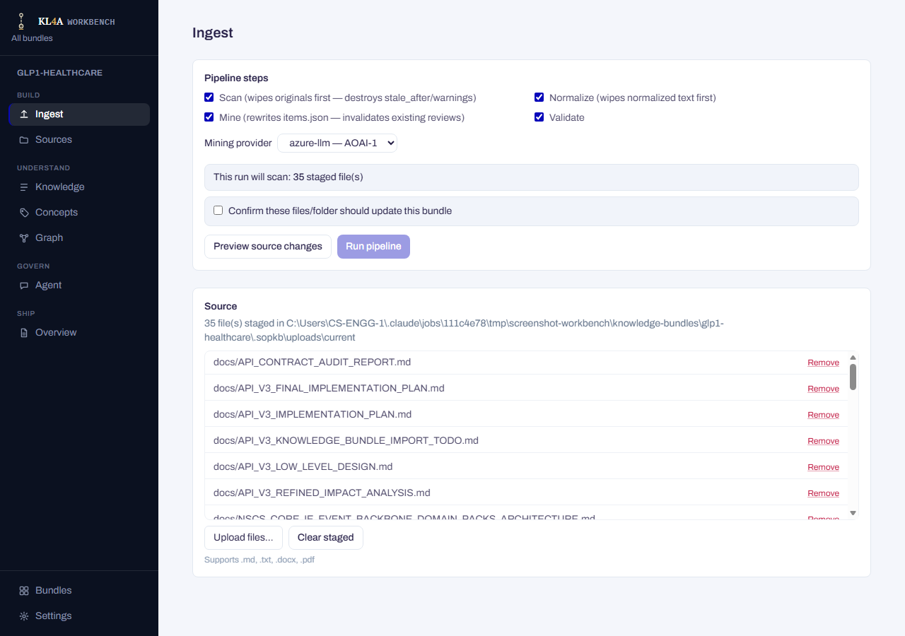 Ingest sources screen: source picker and mining-provider dropdown, the four pipeline-step checkboxes, Preview/Run buttons, and staged files ready to run