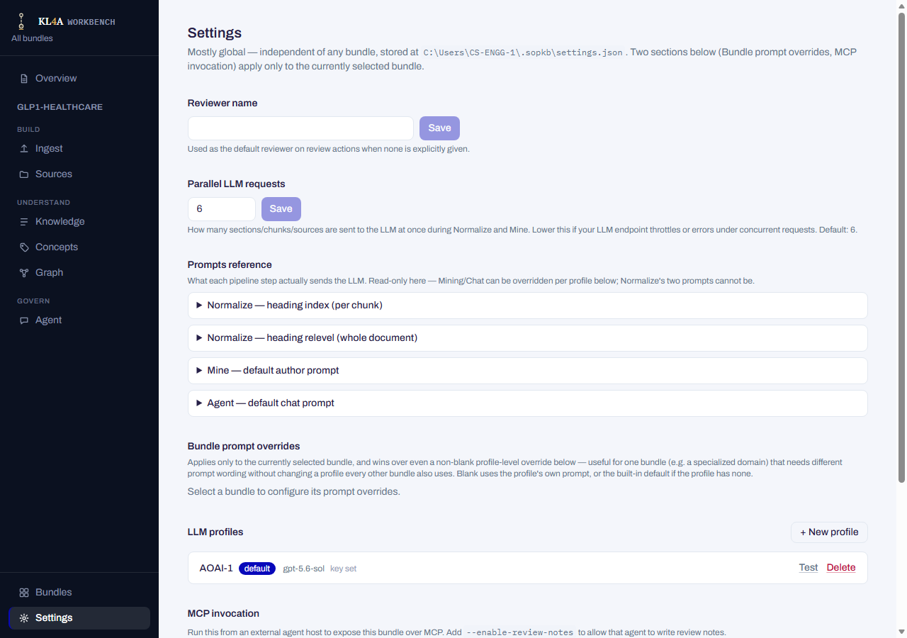 Settings screen: reviewer name and worker-count fields, the prompts reference, and the LLM profiles list