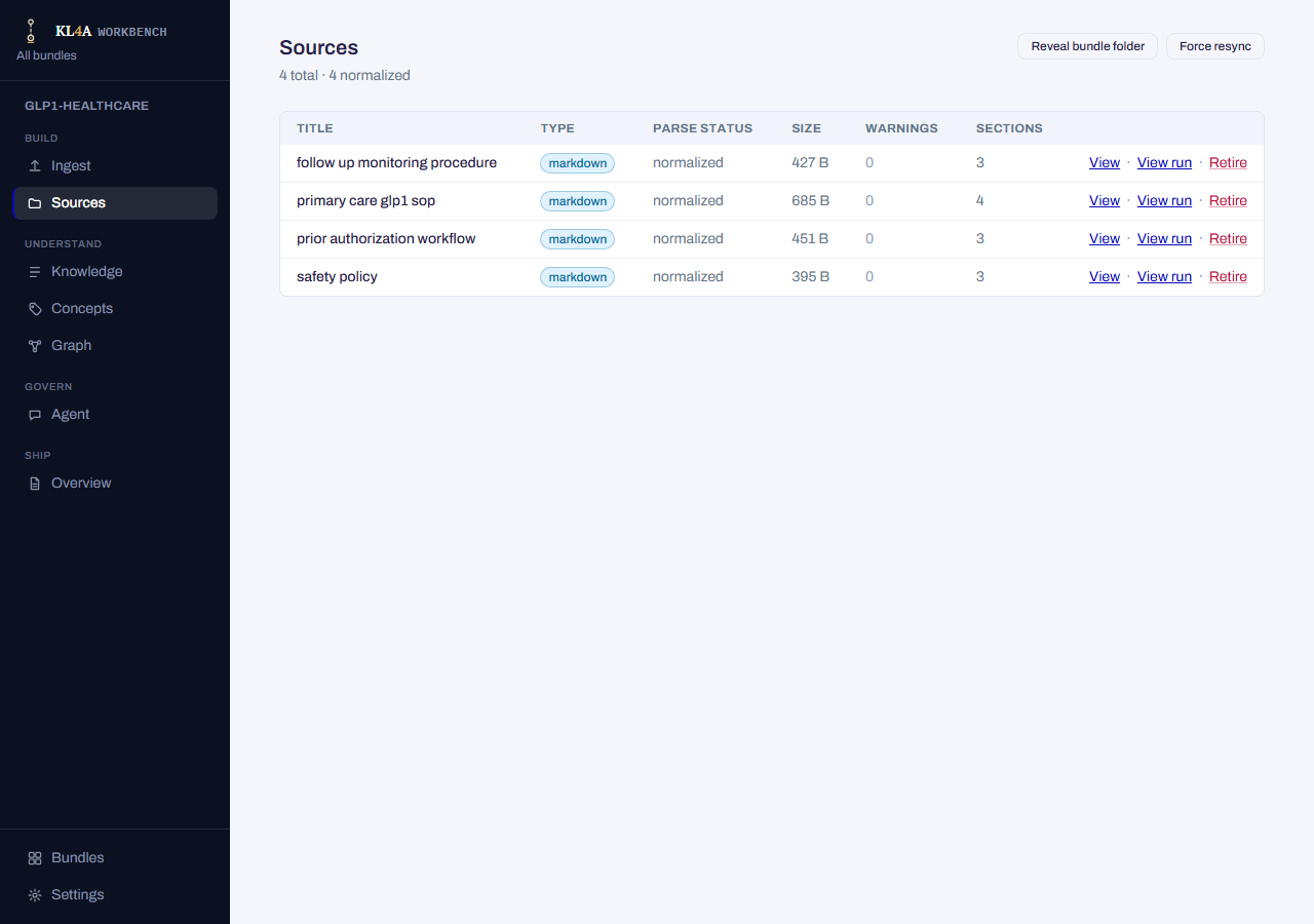 Sources screen: utility buttons above a table of every source with parse status, warnings, section count, and View/View run/Retire actions