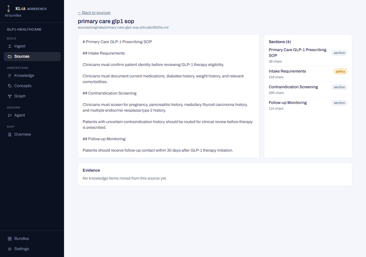Source detail screen: normalized text on the left, section table of contents on the right, evidence table of knowledge items below