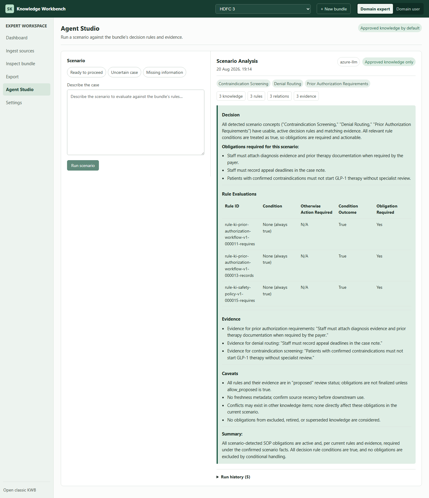 Agent Studio screen showing detected-concept pills, retrieved-context counts, and a rendered answer with rule evaluations, evidence, and caveats
