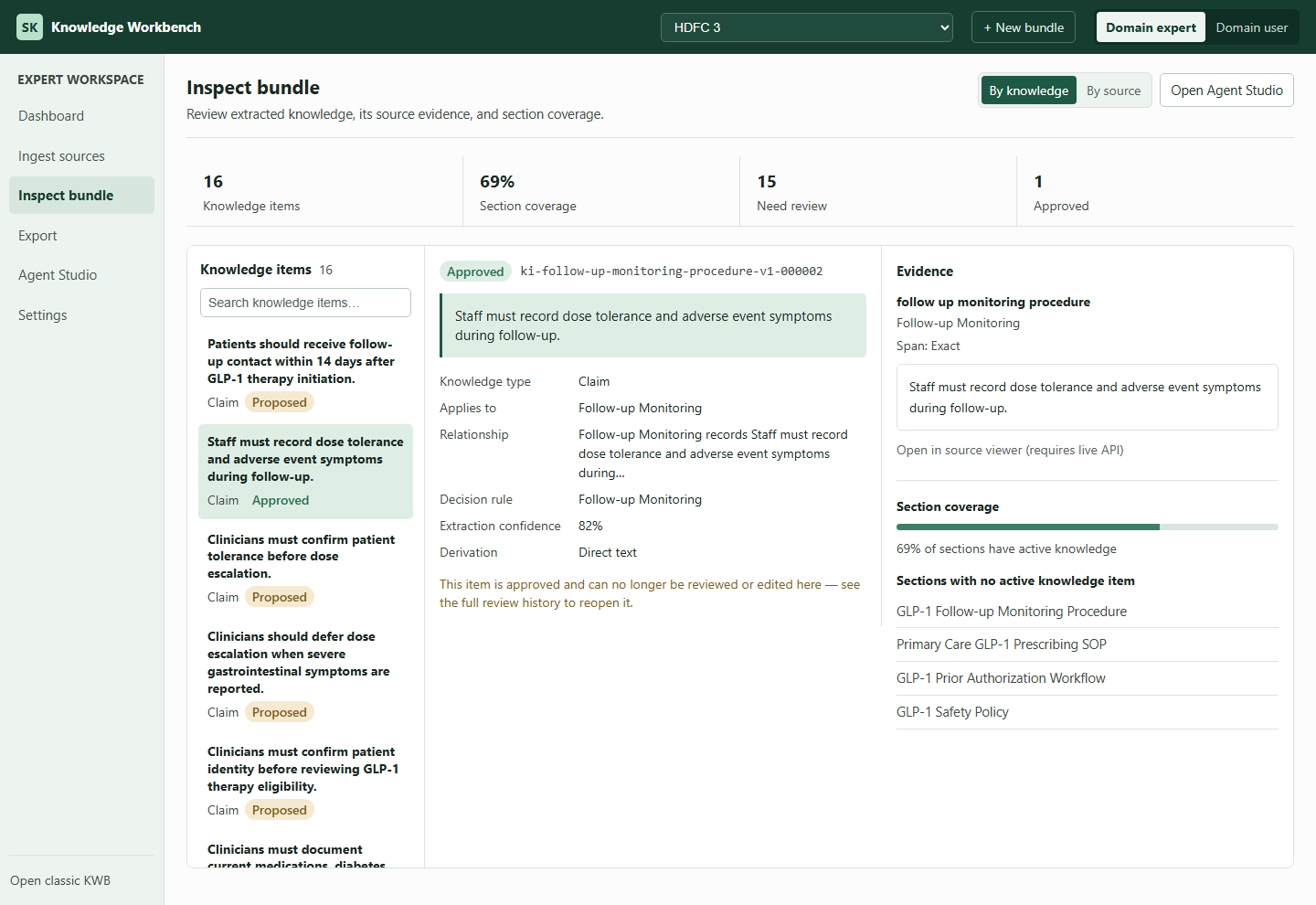 Inspect bundle screen, browsing by knowledge: a proposed knowledge item with its evidence and Approve / Reject / Defer / Comment / Edit actions, and an approved item shown locked against further review